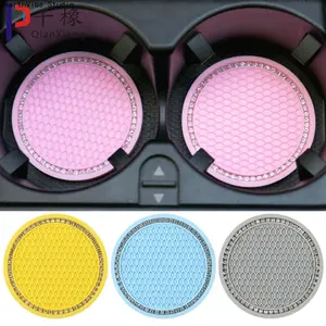 Luxury Honeycomb Mesh Car Coaster 2Pcs, Bling Rhinestone Non-Slip Silicone Vehicle Cup Holder Mat, Universal Anti-Vibration Storage Insert, Aesthetic Car Interior Decor