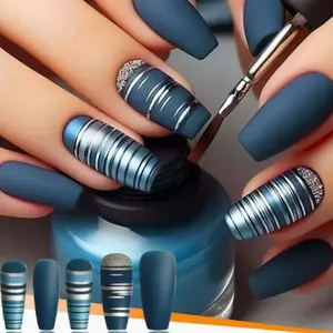 Deep Blue Metal Line Style Wearable Nail Art, Matte Finish Factory Finished, Square Shape Short Nails, Financial Quality