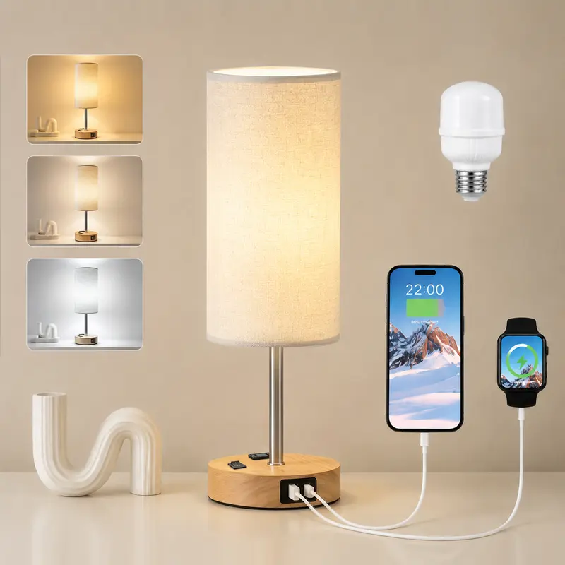 Hoodink 3-Way Dimmable Touch Nightstand LED Lamp - LED Only, USB-C Ports, AC Outlet, Small Wood/Silver Base, Round Flaxen Shade, Included 40W Max Bulb, Adjustable Lighting, Modern Mood Lighting, Ambient Decoration Lamp, Room Decor