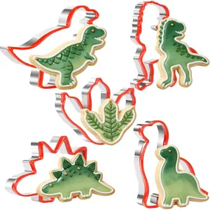 Dinosaur Cookie Cutters Set, 5 count Dinosaur Biscut Cutters Set Stainless Steel with Soft PVC  for Baking Fondant Cake Molds