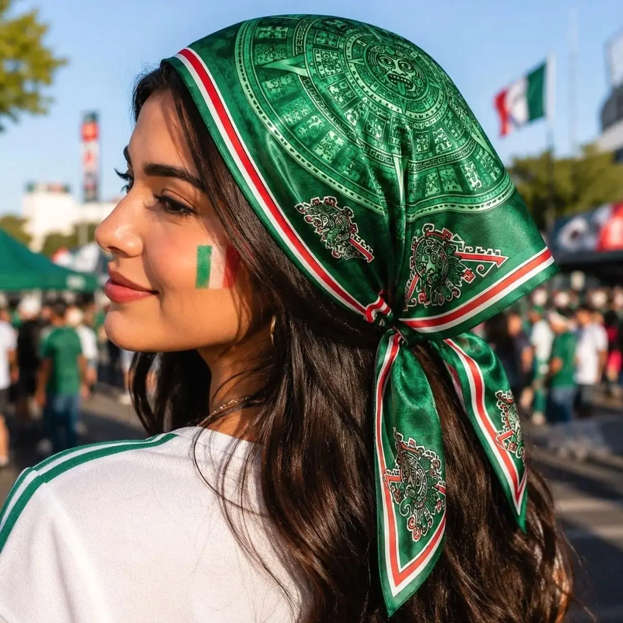 4 Styles Mexico Soccer Satin Bandana, El Tri Fan Head Scarf, Green Mexican Flag Hair Scarf