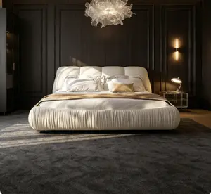 Queen Size Beige Upholstered Platform Bed, Oversized Padded Backrest, Solid Wood Frame, Fits Multiple Mattress Heights, Luxury Bedroom Furniture
