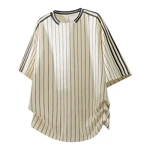 Men’s American retro summer striped minimalist vertical stripe color-block short-sleeve T-shirt — trendy, relaxed loose casual youth streetwear, versatile and cool for everyday wear