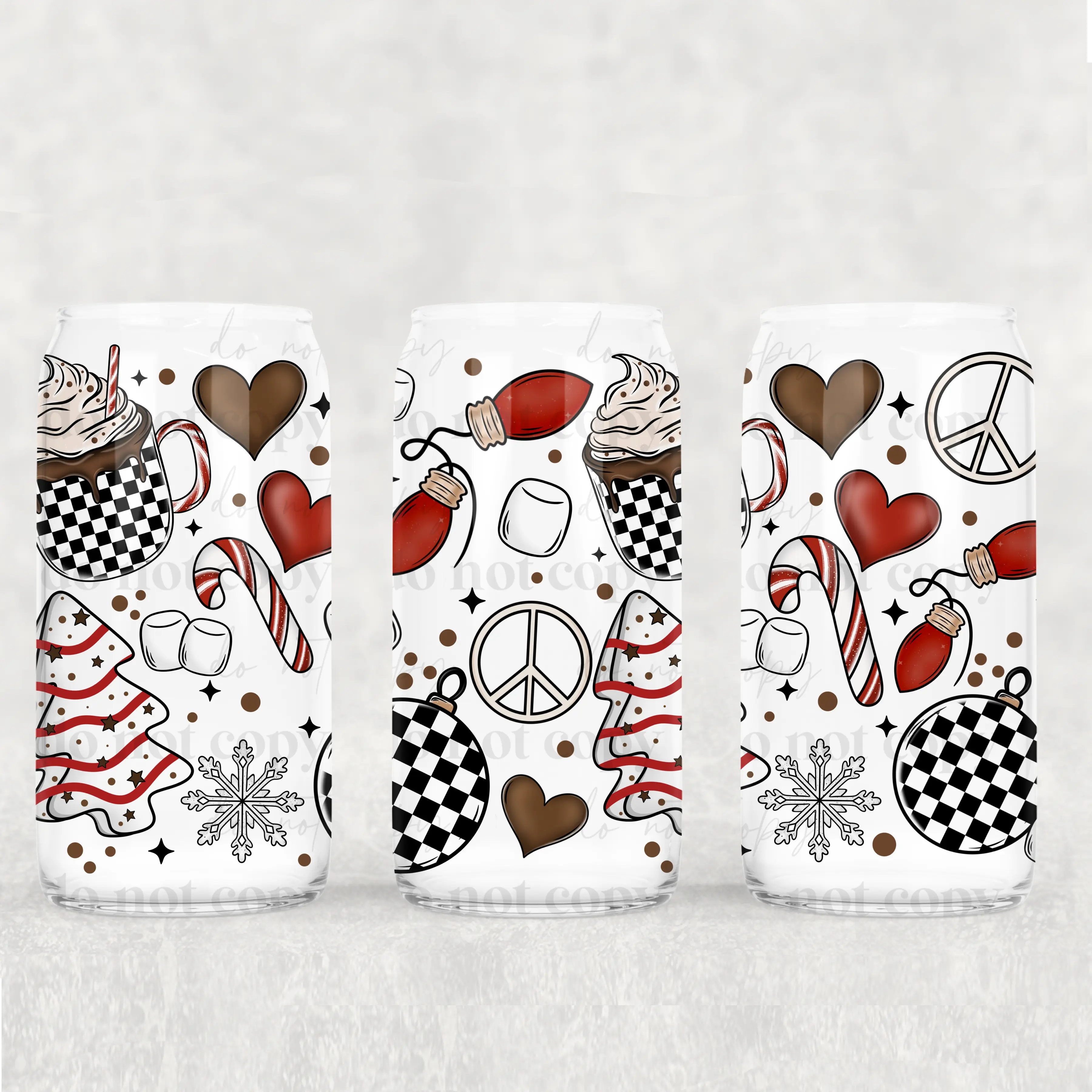CHECKERED HOT CHOCOLATE CHRISTMAS CAKE  glass cup with LID, Mug Tumblers Bamboo Drink ware Lid
