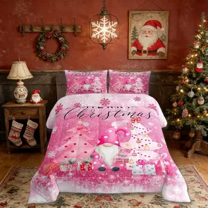 Girly Christmas Comforter Set,Pink Gnome Xmas Pine Trees Gift Bedding Set,Kids Boys Men,Snowflake Stars Glitter Sparkling Quilted Duvet Set