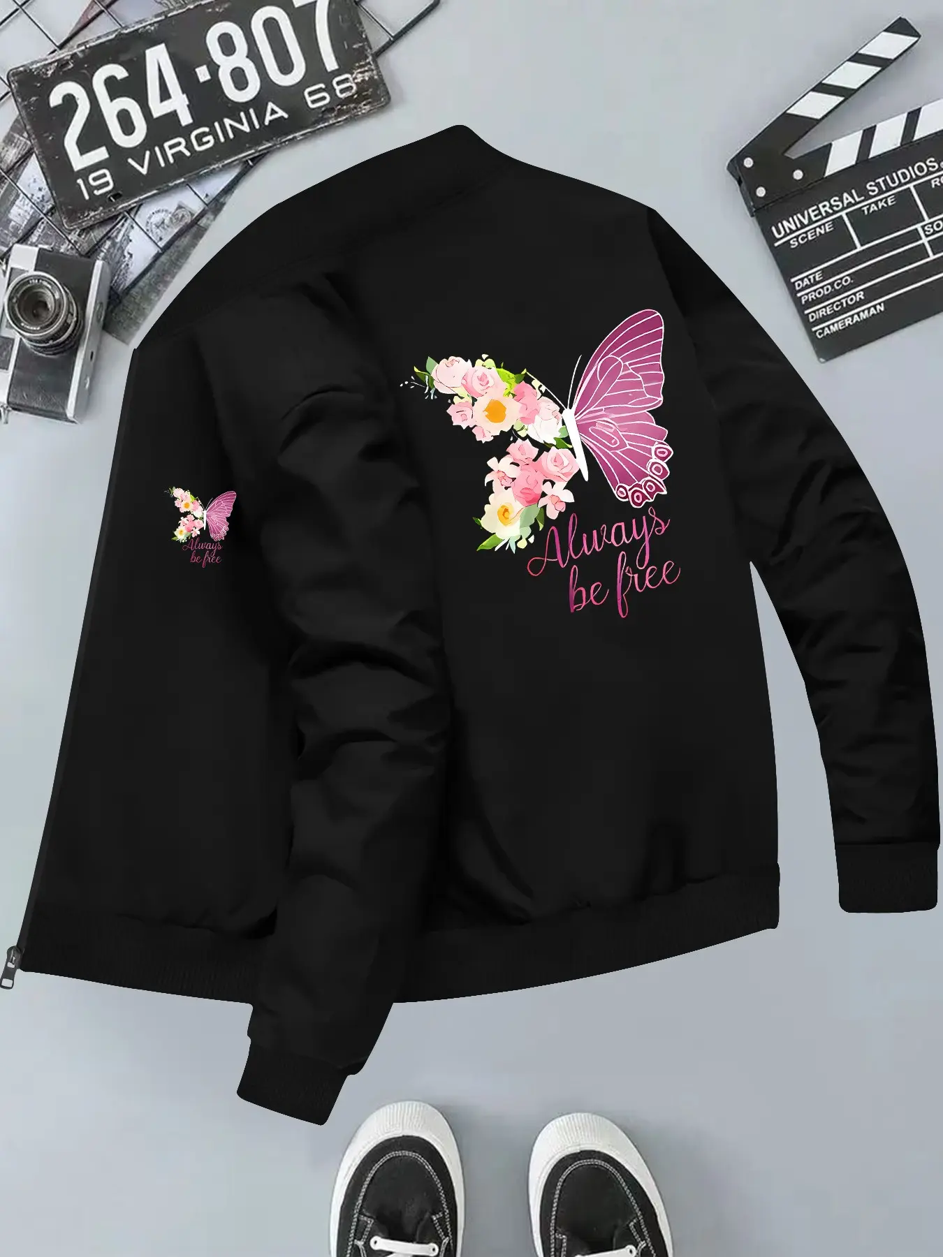 Elegant Floral Butterfly Windproof Baseball Jacket, Versatile Outerwear, Long Sleeve Fitted Casual Coat, All-Season Geometric Pattern