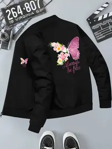 Elegant Floral Butterfly Windproof Baseball Jacket, Versatile Outerwear, Long Sleeve Fitted Casual Coat, All-Season Geometric Pattern