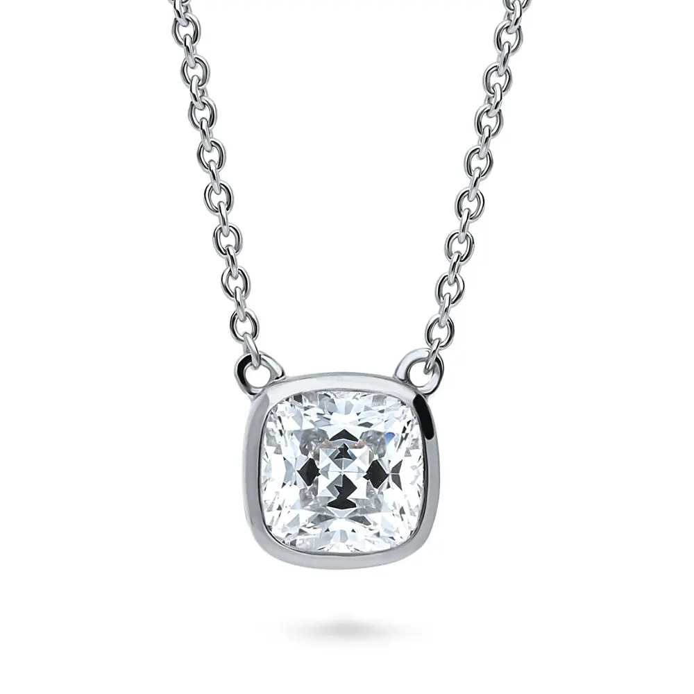 BERRICLE Sterling Silver Solitaire Pendant Necklace for Women, 1.25 Carat Bezel Set Cushion Cut Cubic Zirconia CZ 16 inch
