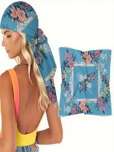 1pc Elegant Sky Blue Pink & Purple Floral Butterfly Motif Scarf, Ultra Soft & Lightweight, Versatile Square Wrap for Headband, Hair Scarf, Neck & Shoulder, Spring Picnic Accessory