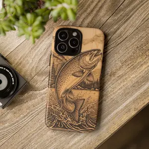 Jumping Trout Fishing Phone Case, Rustic Woodgrain Fish Cover Gift For Iphone 17 pro max, SamSung and more Phone Cases Phone Cover Hard Case Tough 2-piece Phone Case