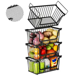 ANJUBAN 4 Pack Enhanced Leak-Proof Bottom Stackable Wire Baskets, Pantry Organizers and Storage, pantry storage，Shelf Baskets, Fruit Basket, Potato and Onion Storage Bins