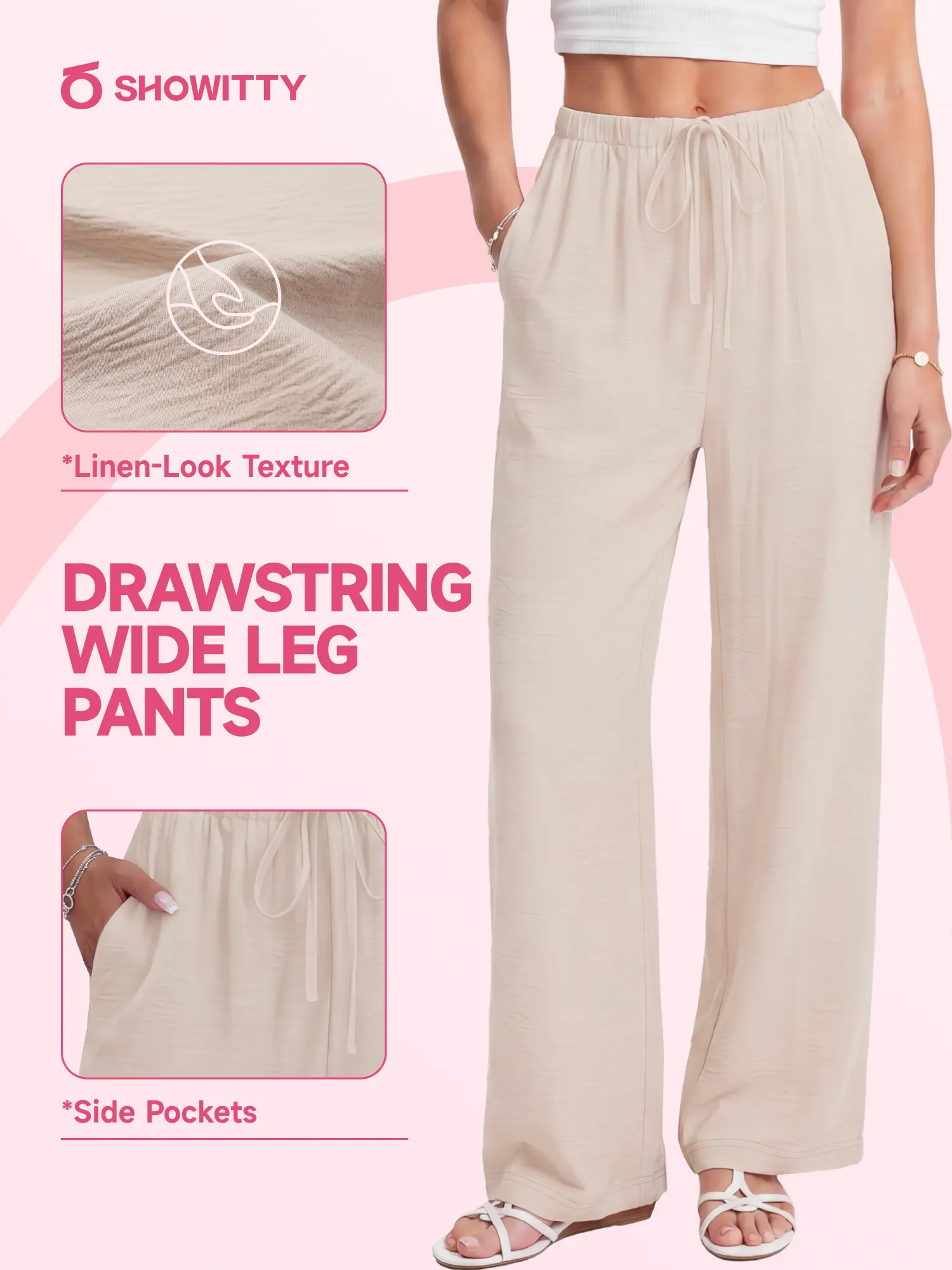 Showitty Women's Wide Leg Palazzo Pants, Linen-Look Textured Fabric with Drawstring Waist and Pockets for Everyday Wear, Woven, Women's Clothes, Beach, Bottom, Basic, Pants For Women, Effortless Pants