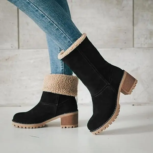 Women's Modest Ankle Boots with Thick Sole, Formal Block Heel Winter Shoe with Warm Plush Cuffs for Party, Footwear