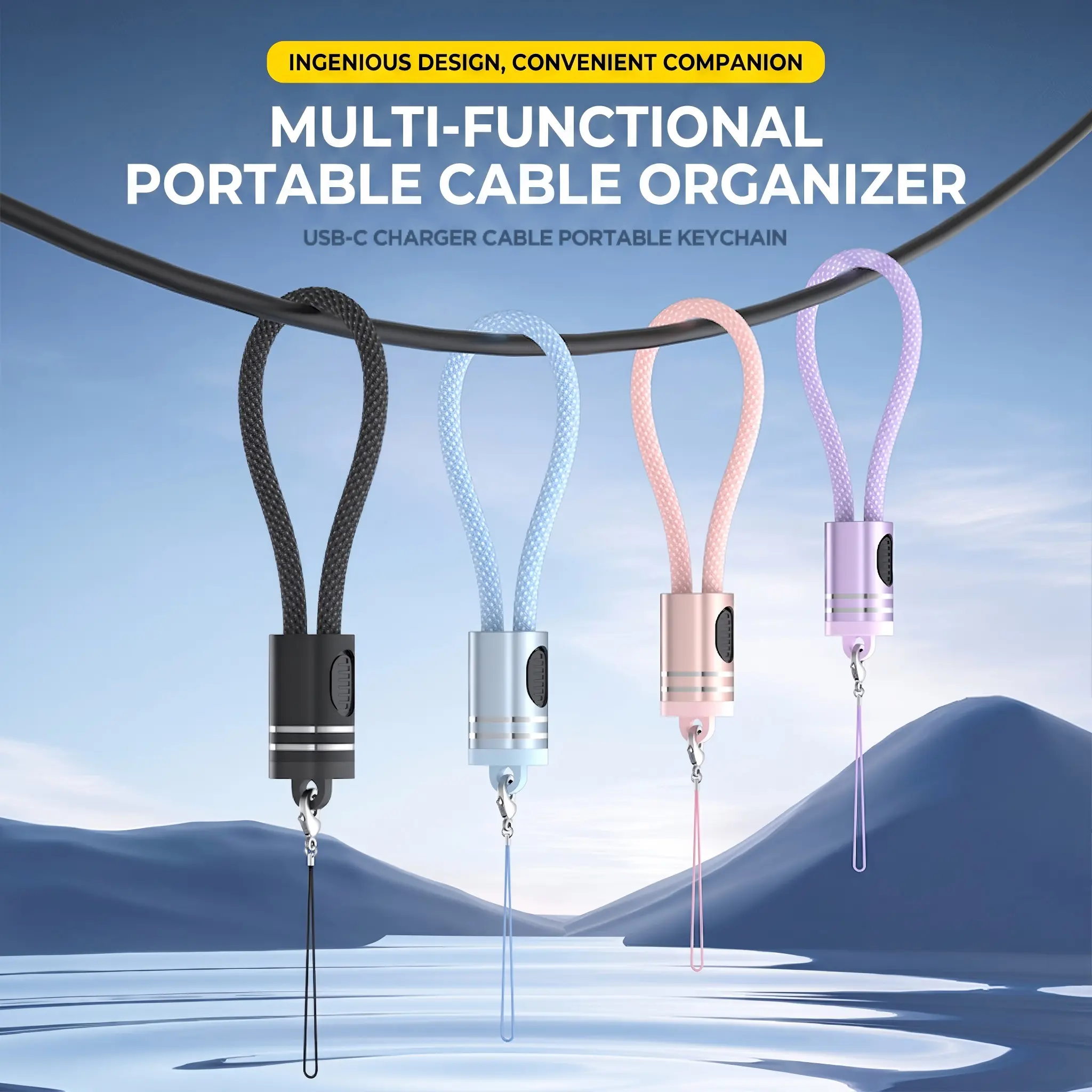 Black Dual USB-C 2-in-1 PD Fast Charging Cable Key Ring - 18cm Nylon Braided Electronic Cord with E-Marker Chip, 480Mbps Data Sync, Compact Lanyard for Cellphone (Dual Type-C Compatibility)