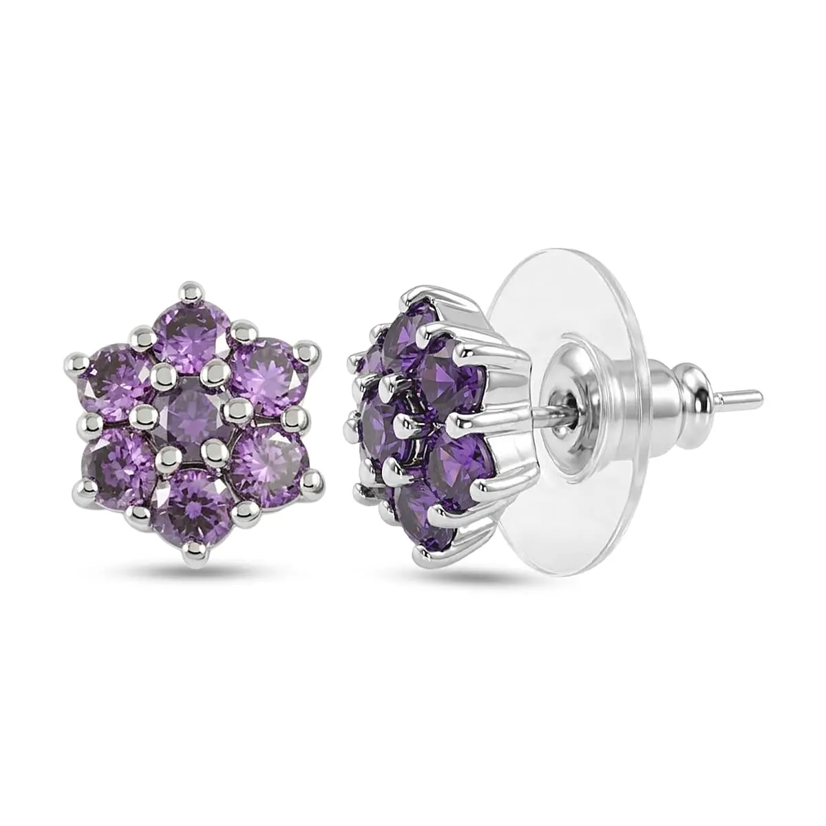 EverTrue Simulated Amethyst Color Diamond Solitaire Stud Earrings in Stainless Steel 2.80 ctw