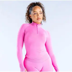 (With Logo) DFYNE Impact Half Zippy Crop Top & Seamless Long Sleeve Pants Set for Women - High Elastic Quick-Dry Sports Wear for Summer
