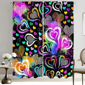 Colorful Heart Graffiti Print Curtain Set, 2-Piece Cool Style Drapes for Trendy Bedroom Decor, Perfect for Party Settings