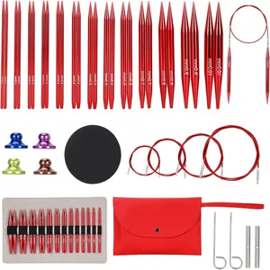 Interchangeable Circular Knitting Needles Set - 13 Pairs (3mm-10mm) with 4 Flexible Cables, Aluminum Needle, Ergonomic Design for Beginners and Advanced Knitters, Red