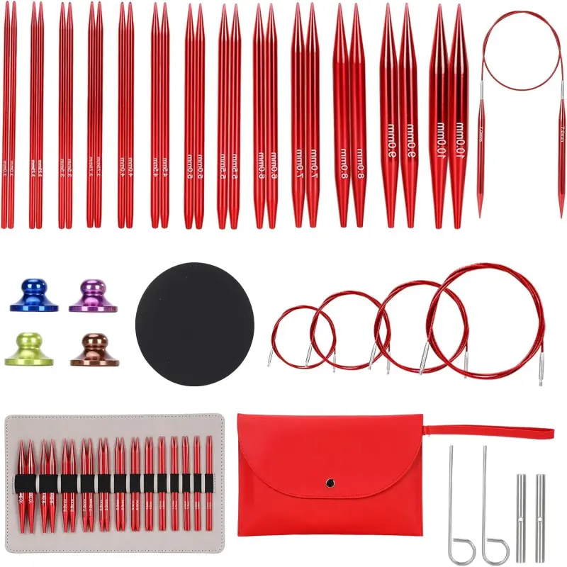 Interchangeable Circular Knitting Needles Set - 13 Pairs (3mm-10mm) with 4 Flexible Cables, Aluminum Needle, Ergonomic Design for Beginners and Advanced Knitters, Red