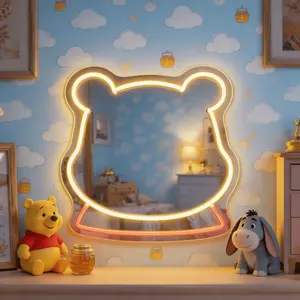 Cute Bear Neon Mirror with Warm Light LED Wall Mirror Kawaii Cartoon Vanity Mirror for Girls Kids Bedroom Nursery Playroom Dorm Room Makeup Desk Aesthetic Room Decor Hanging Mirror Birthday Gift Holiday Gift Home Decoration Cute Room Accessories