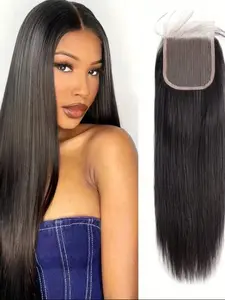 4X4 Straight Transparent Lace Closure Human Hair Extensions 12A Brazilian Virgin Remy Unprocessed Human Hair Frontal Free Part Closure Only Pre Plucked With Baby Hair Lace Hairline Natural Black Lace Closure Weave