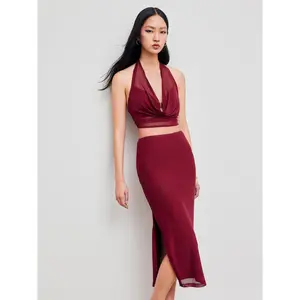 Cider [size 2-10]  Halter Neckline Solid Crop Top With Mid Rise Solid Split Fitted Midi Skirt