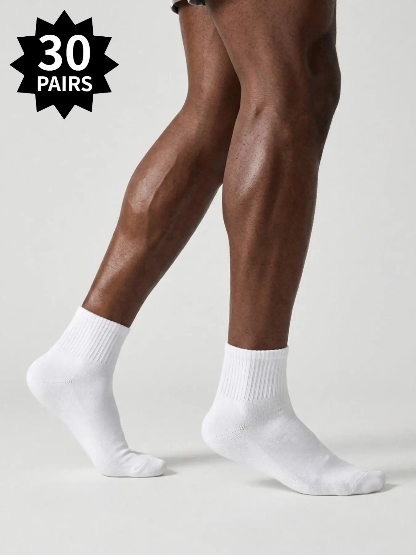 30-pair pack, men's mid-calf athletic socks, men's solid-color short socks, white short socks, moisture-wicking and durable, ideal for sports, fitness, and travel, spring/summer styles