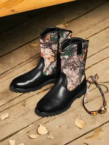 Men's Brown Camouflage Spliced Cowboy Boots, Western Retro Style, Leather - Camouflage Spliced Material, Retro & Eye - catching, Comfortable on Feet, Ideal for Daily Outfits & Outdoor Outings, Footwear