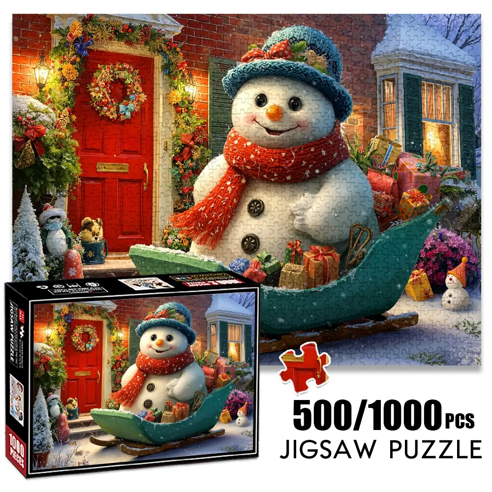 1pc 1000 piece adult puzzle 70x50cm Snowman with Sleigh Full of Gifts and Christmas Decorations 500 pieces paper jigsaw puzzle suitable for DIY creative games for adults and families, birthday and h