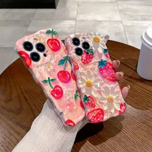 Case for iPhone 17 Exquisite Colorful Retro Oil Painting Cute Wave Edge Frame Phone Flower Berry Cute Blooms Wavy Luxe Case for iPhone Cover Soft Durable TPU Camera Protection Case for Women Girls#CoquetteCase#GirlyCase