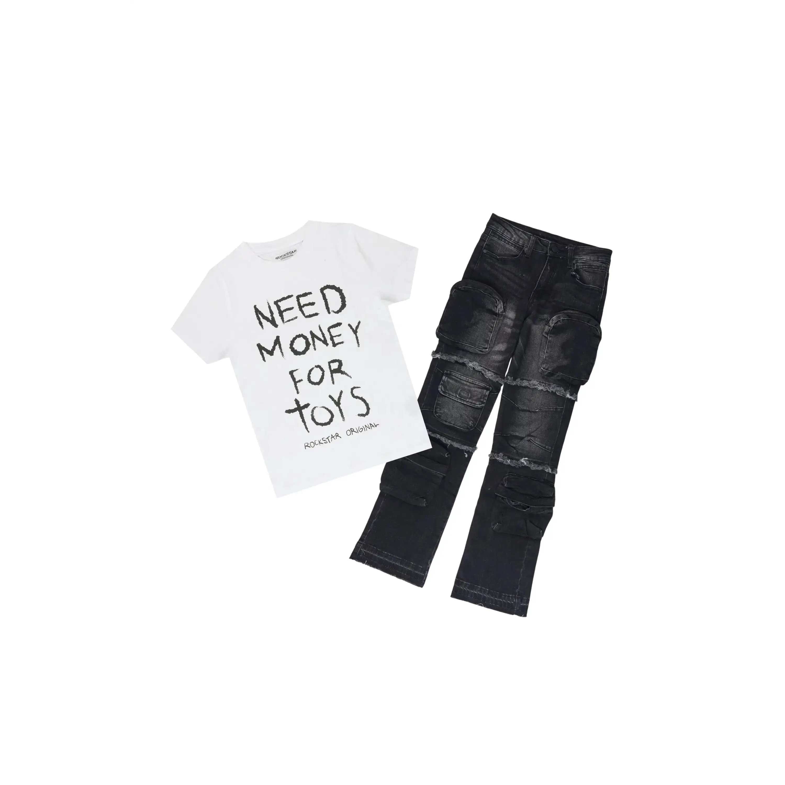 Girls Delaney White/Dark Grey T-Shirt Stacked Jean Set Girls Delaney White/Dark Grey T-Shirt Stacked Jean Set