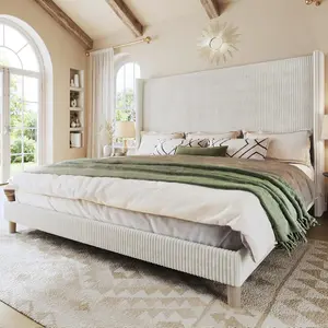 King Size Bed Frame with 51.2" Tall Headboard, Corduroy Upholstered Bed Frame with Wingback, Platform Bed with Wooden Slats Support, Easy Assembly, No Box Spring Needed, Beige