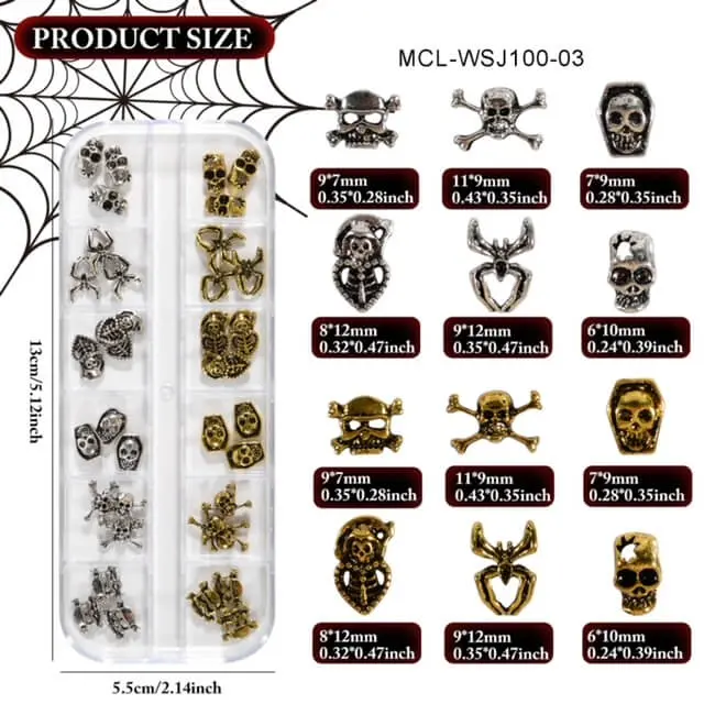 Nail Charm Halloween 3D Skeleton Spider  Vintage Silver Gold 36pcs/Box