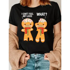 Women's Christmas Cookie Baker Funny Gingerbread Man Baking Print T-Shirt, Casual Crew Neck Short Sleeve Holiday Top