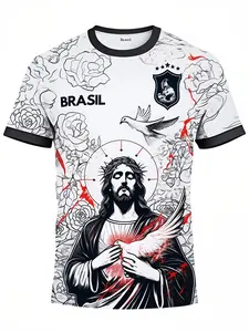Brazilian Soccer Jersey in with Christ the Redeemer Dove and Rose Design, Fitted Long Sleeve Shirt for Soccer Fans, Street Style Sportswear, Jersey Shirts