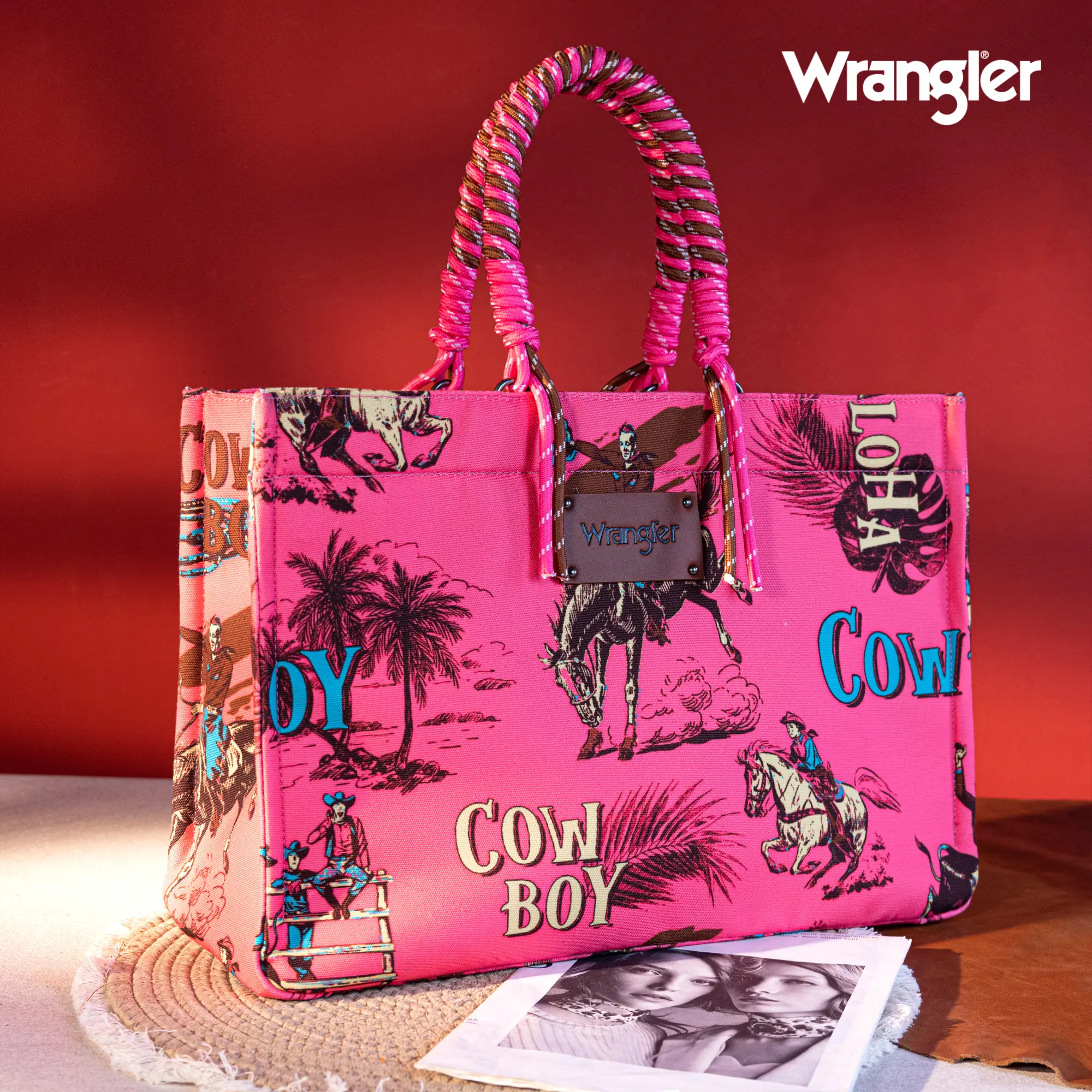 Wrangler Oversized Tote Bag with Braided Rope Handles Western Women Handbag Aztec Pattern Canvas Trendy Commuter Purse Large Capacity