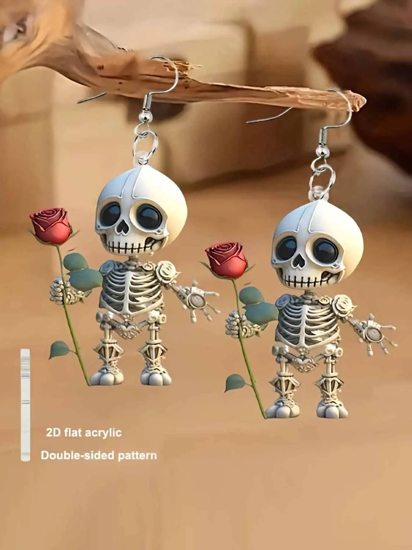 2D Flat, 2D Acrylic, 2 Cute Skulls Holding Red Roses Women's Statement Earrings - Unique Design Earrings, Lightweight, Durable and Charming, Gothic Hip-Hop Style - Perfect for Halloween, Winter Gift, Kpop style jewelry