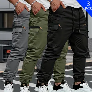Men's 3 Pack Versatile Athletic Work Pants, Durable Non Stretch Fabric, Multi Pocket Design, Elastic Drawstring Waistband, All Season Style Durable Trousers Suitable for Gym, Outdoor Activities, Commuting, and Casual Wear Machine Washable