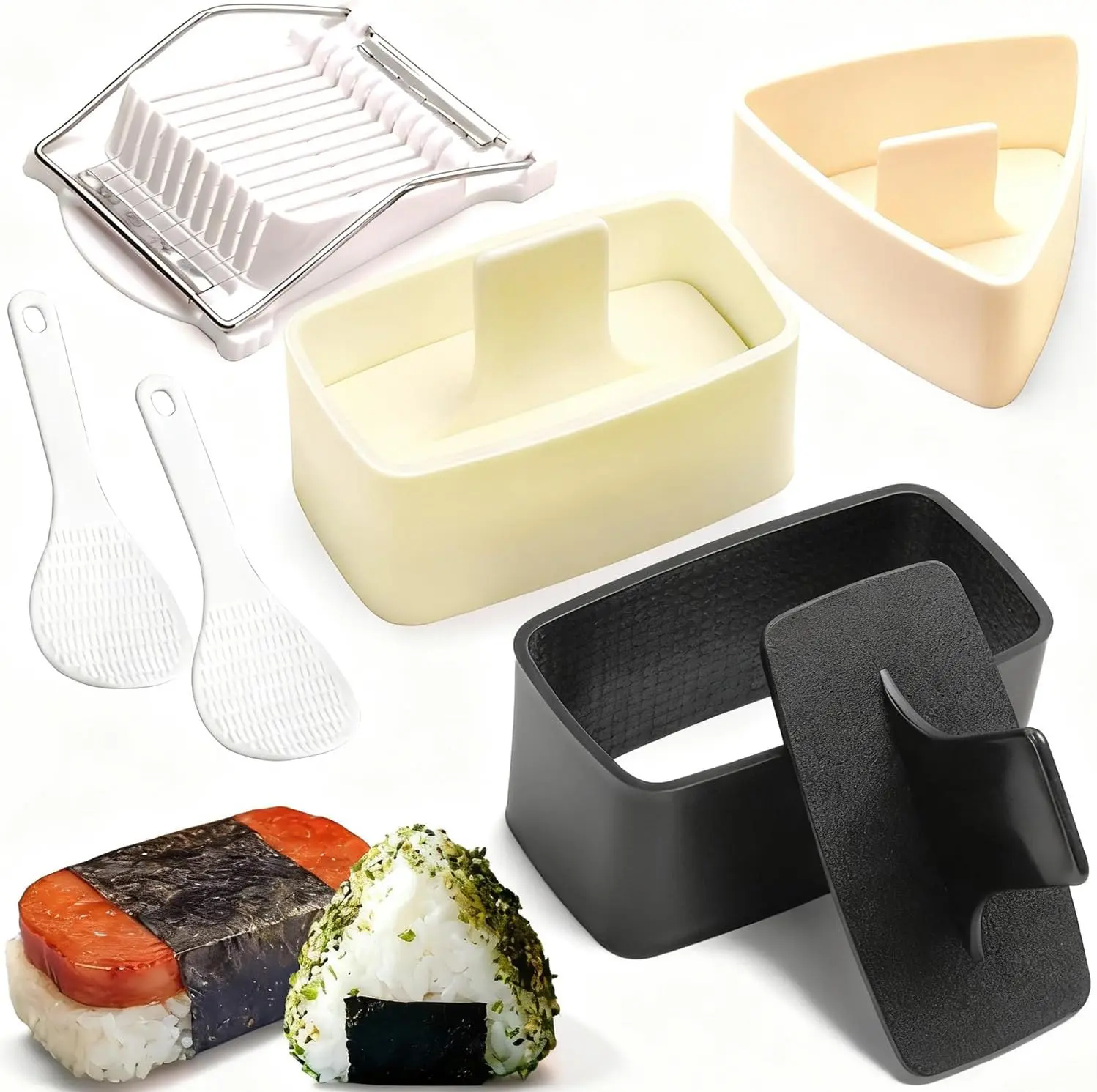 Kitchen Musubi Mold Kit - Includes Musubi Press, Triangle Onigiri Mold, Rice Paddle, Luncheon Meat Slicer for SPAM