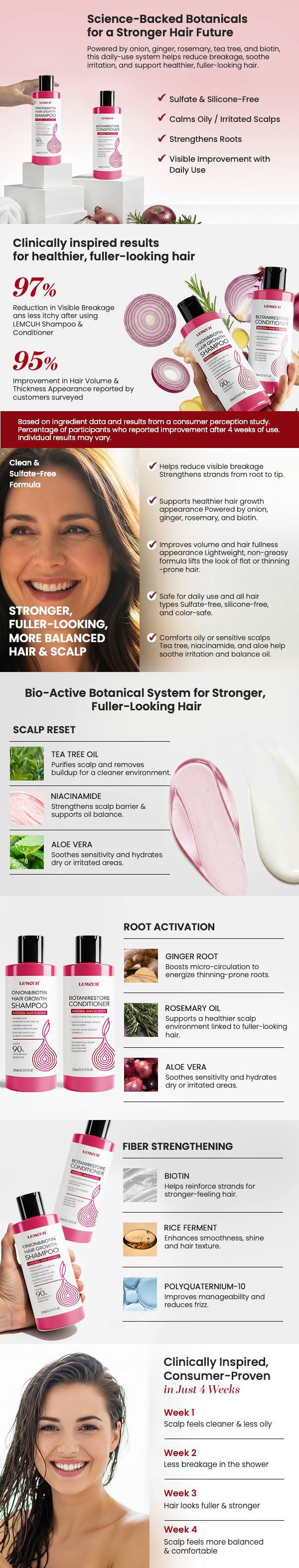 Lemcuh Gentle Shampoo & Conditioner Set for Thinning Hair and Itchy Scalp – Natural Biotin, Onion & Rosemary Formula, Sulfate Free, Paraben Free, Nourishing, Safe for Sensitive Scalp, 25 Fl Oz