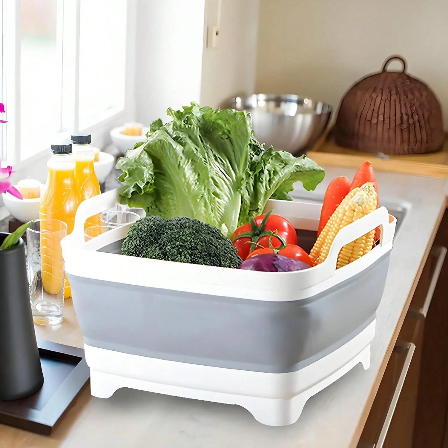 9L Foldable Portable Sink with Drain Plug, Gray Space Saving Foldable Storage Basin Tray for Small Space Kitchen