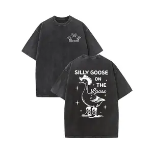 [Retro Cotton Tee] Retro Washed Cotton Silly Goose Graphic Pink T-Shirt - Casual Couple Style, "Silly Goose on the Loose" Print, Summer Fashion Tee for Men and Women