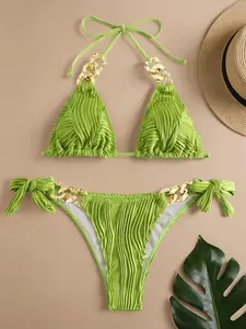 Two-piece Set Women's Textured Chain Decor Bikini Set, Casual Halter Neck Triangle Bikini Top & Tie Side Swim Thong Set, Bathing Suits Women, Summer Beach Holiday Vacation Swimwear, Swimsuit Style Bikini