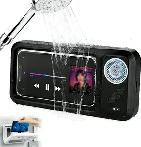 Waterproof Phone Holder with Speaker, 2026 New Shower Phones Holder with Wireless Bluetooth Speakers, 360 Rotation Fog-Resistant Wall Mounted Phone Stand for Bathroom Mirror
