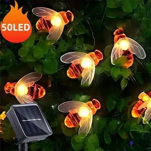 50 lights solar spring bee string lights, warm white light 8 light modes, waterproof and rechargeable, hanging solar lights, suitable for terrace, courtyard, garden, wedding, Halloween, Christmas party decoration