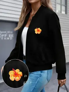 Y2K Style Women's Jacket, Flower Print, Zipper Design, Casual Slim Fit, Polyester Material, All Season Wear, Perfect for Outing