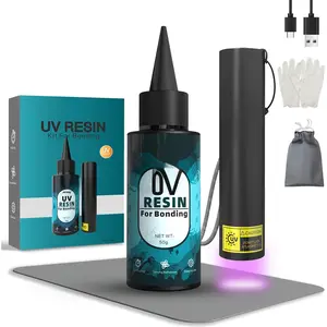 UV  Kit with Light, 50g UV  with Rechargeable 395NM UV Flashlight, Fast Curing in Seconds, UV Glue Adhesive for Bonding , Plastic, Glass Repair, w/Mat, Gloves, Storage Bag