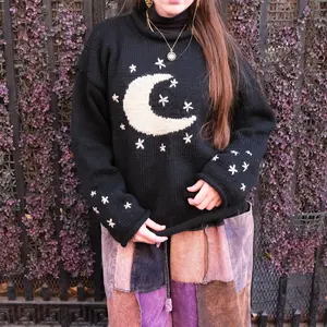 Hand Knit Wool Moon & Stars Sweater, Celestial Embroidered Pullover, Cozy Crescent Moon Jumper, Witchy Cottagecore Gift, Warm Winter Jacket