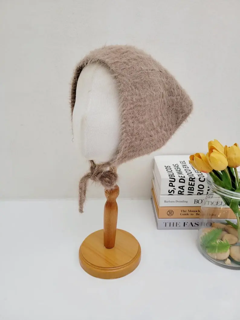 Fluffy Winter Bonnet, Fuzzy Warm Ear Flap Bonnet, Pink Bonnet, Chunky Fuzzy Beanie with Tie, Holiday Gift