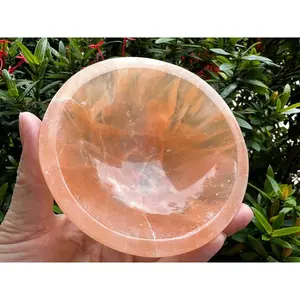 Orange Selenite Bowl, 4" Selenite Round Shaped Dish Bowl Orange Color, Peach Bow